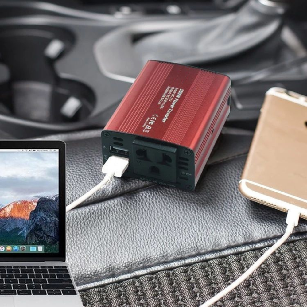 Invertor auto pentru masina 150w, VisionHub®, 12V pana la 220V, Convertor tensiune, adaptor priza bricheta auto, port usb cu incarcare rapida, 2.1A Dual USB, Rosu