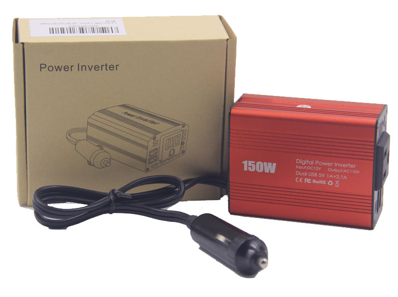Invertor auto pentru masina 150w, VisionHub®, 12V pana la 220V, Convertor tensiune, adaptor priza bricheta auto, port usb cu incarcare rapida, 2.1A Dual USB, Rosu