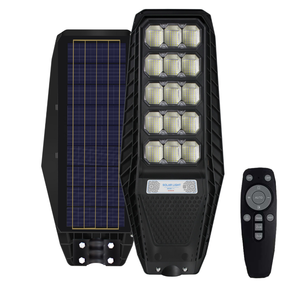 Lampa Solara Stradala 300W, VisionHub®, Proiector cu 600 LED-uri in 15 Casete, Incarcare cu Panou Solar incorporat, Telecomanda, cu Senzor de Miscare, Rezistenta IP67 la Apa, Suport metalic inclus, Negru