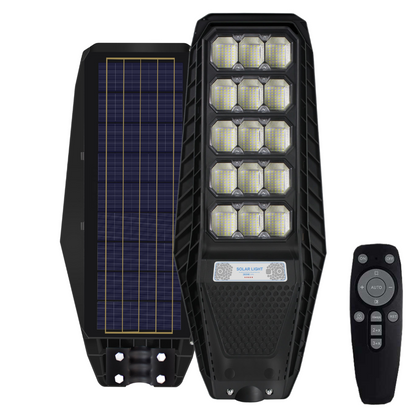 Lampa Solara Stradala 300W, VisionHub®, Proiector cu 600 LED-uri in 15 Casete, Incarcare cu Panou Solar incorporat, Telecomanda, cu Senzor de Miscare, Rezistenta IP67 la Apa, Suport metalic inclus, Negru
