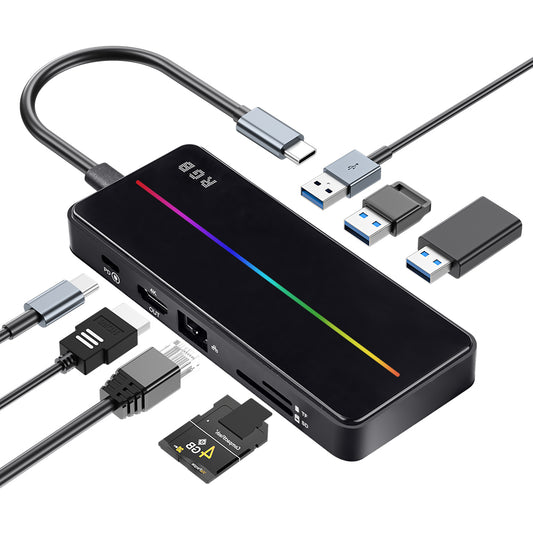 Hub USB portabil de andocare multifunctional, VisionHub®, 8 in 1 USB C, Port Internet, Cititor de carduri SD/TF, HDMI 4k, UBS 3.0, RGB cu luminare LED din aluminiu, pentru laptop