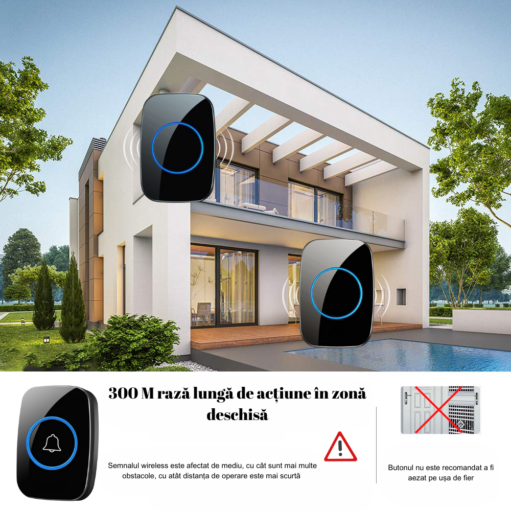 Sonerie Wireless cu Buton impermeabil, VisionHub®, Rezistenta la apa, Volum reglabil cu 5 Trepte, semnalizare cu LED, fara Fir, Raza mare de actiune, Negru