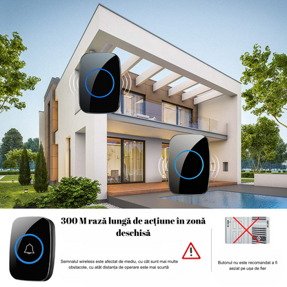 Sonerie Wireless cu Buton impermeabil, VisionHub®, Rezistenta la apa, Volum reglabil cu 5 Trepte, semnalizare cu LED, fara Fir, Raza mare de actiune, Negru