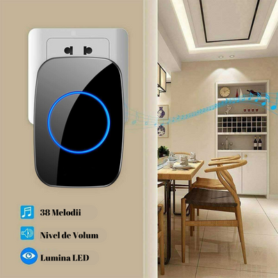 Sonerie Wireless cu Buton impermeabil, VisionHub®, Rezistenta la apa, Volum reglabil cu 5 Trepte, semnalizare cu LED, fara Fir, Raza mare de actiune, Negru