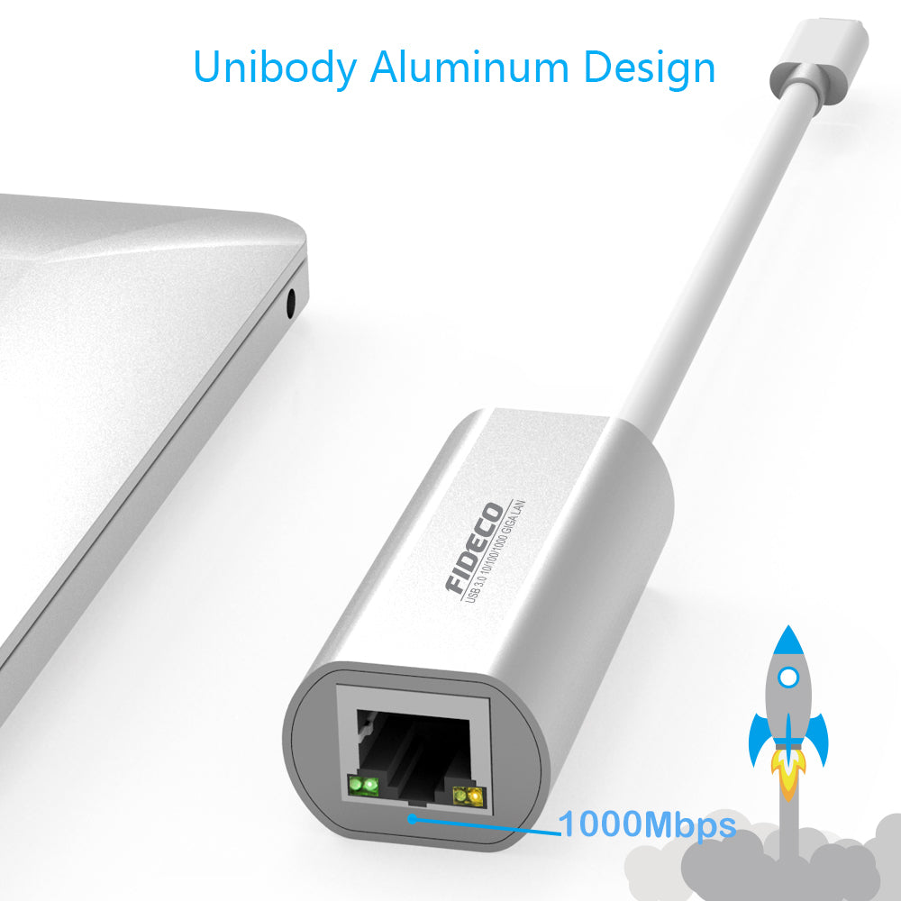Adaptor Placa Retea USB-C, FIDECO, Type-C, USB 3.0, 5Gbps, Placa de retea externa Gigabit Ethernet RJ-45, 10/100 Mbps, din Aluminiu, Gri