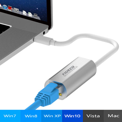 Adaptor Placa Retea USB-C, FIDECO, Type-C, USB 3.0, 5Gbps, Placa de retea externa Gigabit Ethernet RJ-45, 10/100 Mbps, din Aluminiu, Gri