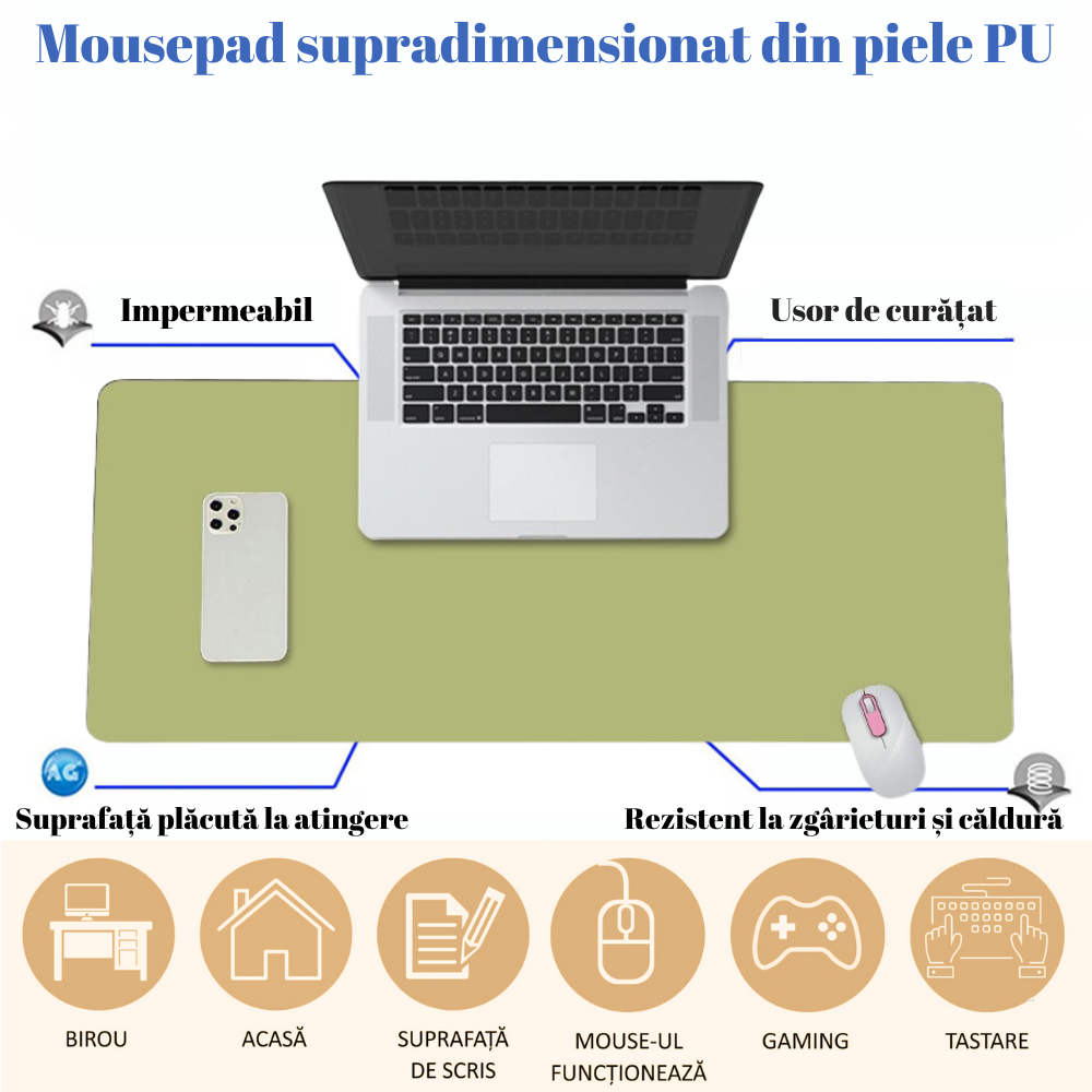 MousePad mare XXL, din Piele PU pentru protectie birou, VisionHub®, Suprafata moale, Impermeabil, Baza Anti-Alunecare, 120x60cm, Verde