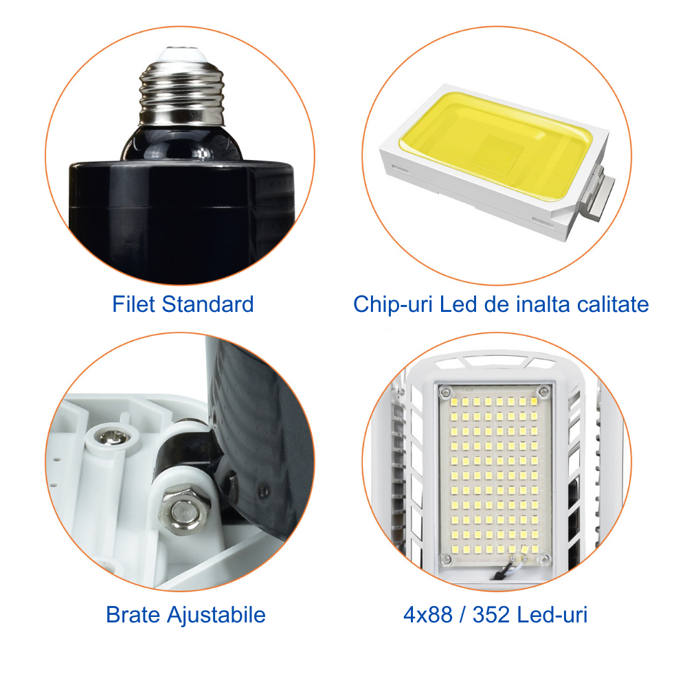 Lampa LED cu 4 brate mobile ajustabile, VisionHub®, putere 60W, Bec Iluminare pentru interior Garaj/Depozit/Atelier, 4 aripi Pliabile cu 352 LED-uri, flux luminos 7200lm, lumina alba rece 6500K