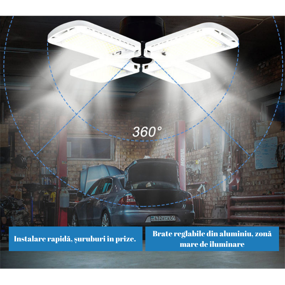 Lampa LED cu 4 brate mobile ajustabile, VisionHub®, putere 60W, Bec Iluminare pentru interior Garaj/Depozit/Atelier, 4 aripi Pliabile cu 352 LED-uri, flux luminos 7200lm, lumina alba rece 6500K