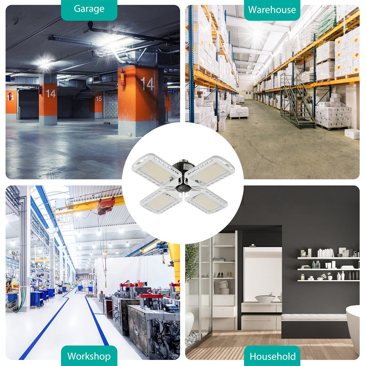 Lampa LED cu 4 brate mobile ajustabile, VisionHub®, putere 60W, Bec Iluminare pentru interior Garaj/Depozit/Atelier, 4 aripi Pliabile cu 352 LED-uri, flux luminos 7200lm, lumina alba rece 6500K