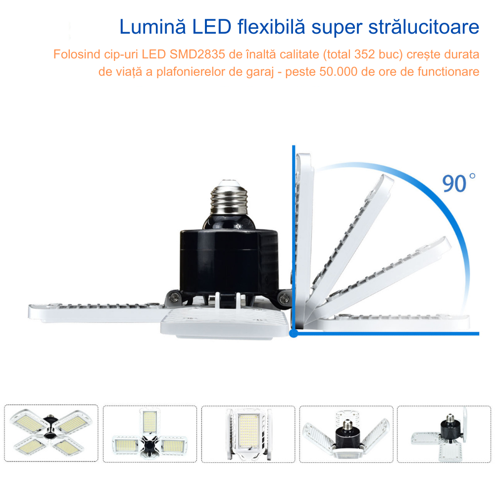 Lampa LED cu 4 brate mobile ajustabile, VisionHub®, putere 60W, Bec Iluminare pentru interior Garaj/Depozit/Atelier, 4 aripi Pliabile cu 352 LED-uri, flux luminos 7200lm, lumina calda 3500K