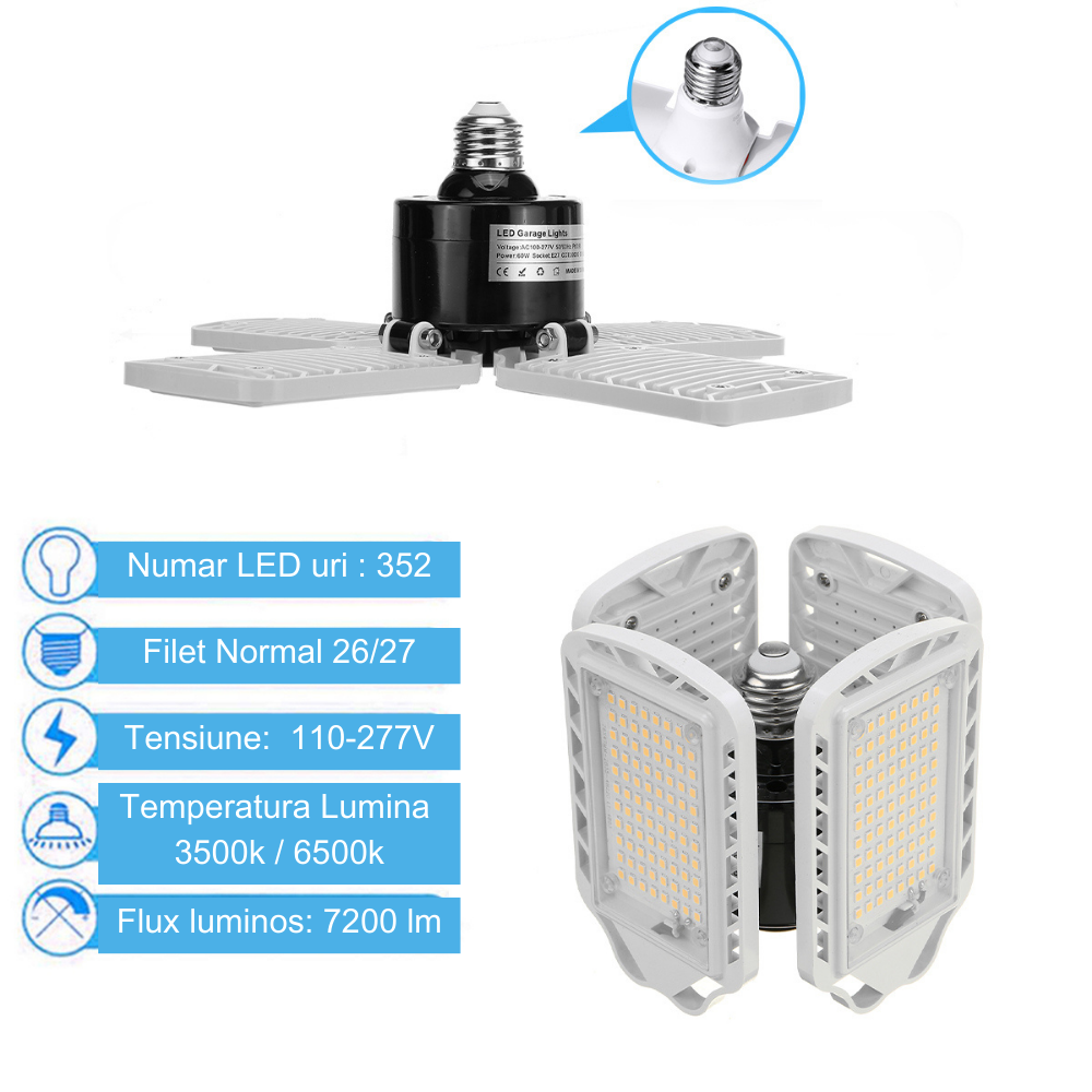 Lampa LED cu 4 brate mobile ajustabile, VisionHub®, putere 60W, Bec Iluminare pentru interior Garaj/Depozit/Atelier, 4 aripi Pliabile cu 352 LED-uri, flux luminos 7200lm, lumina calda 3500K