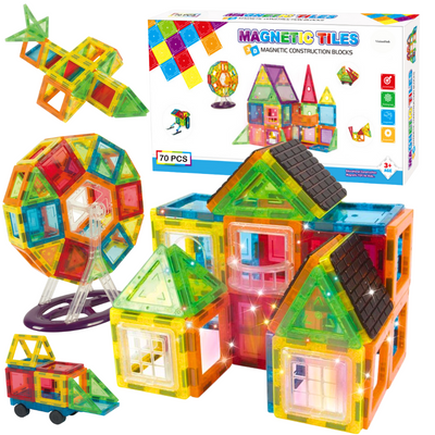 Set de Constructie, Magnetic Tiles 3D, 70 Piese colorate, Jucarie Creativa si Educationala STEM VisionHub®, multiple forme de constructie, Dezvoltarea Abilitatilor Motrice si a Imaginatiei, Multicolor