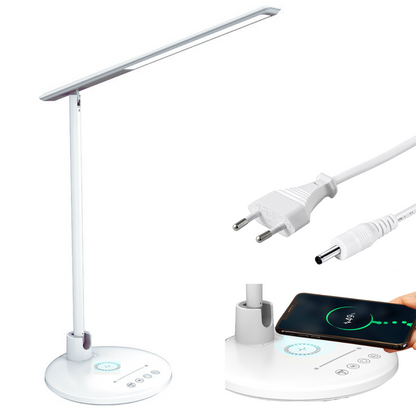 Lampa de birou/ noptiera LED, incarcare Wireless 10w pentru telefon Andoid si IOS, Pliabila cu protectie a ochilor, lumina pentru studiu, Control tactil, reglare intensitate, lumina in 5 culori calda/rece 2900k-6000k, Temporizator inchidere