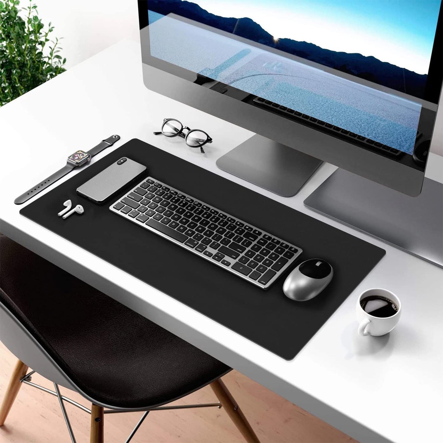 MousePad mare, din Piele PU pentru protectie birou, VisionHub®, Suprafata moale, Impermeabil, Baza Anti-Alunecare, 80x40cm, Negru