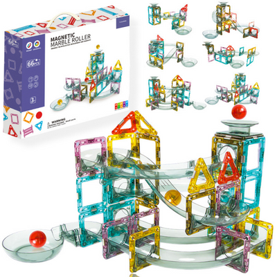 Set de Constructie Magnetic cu Tevi Tiles 3D, 3x minge colorata, Jucarie Educationala si Creativa STEM, cu 66 Piese magnetice, forme multiple, Dezvoltarea Abilitatilor Motrice si a Imaginatiei, Multicolor