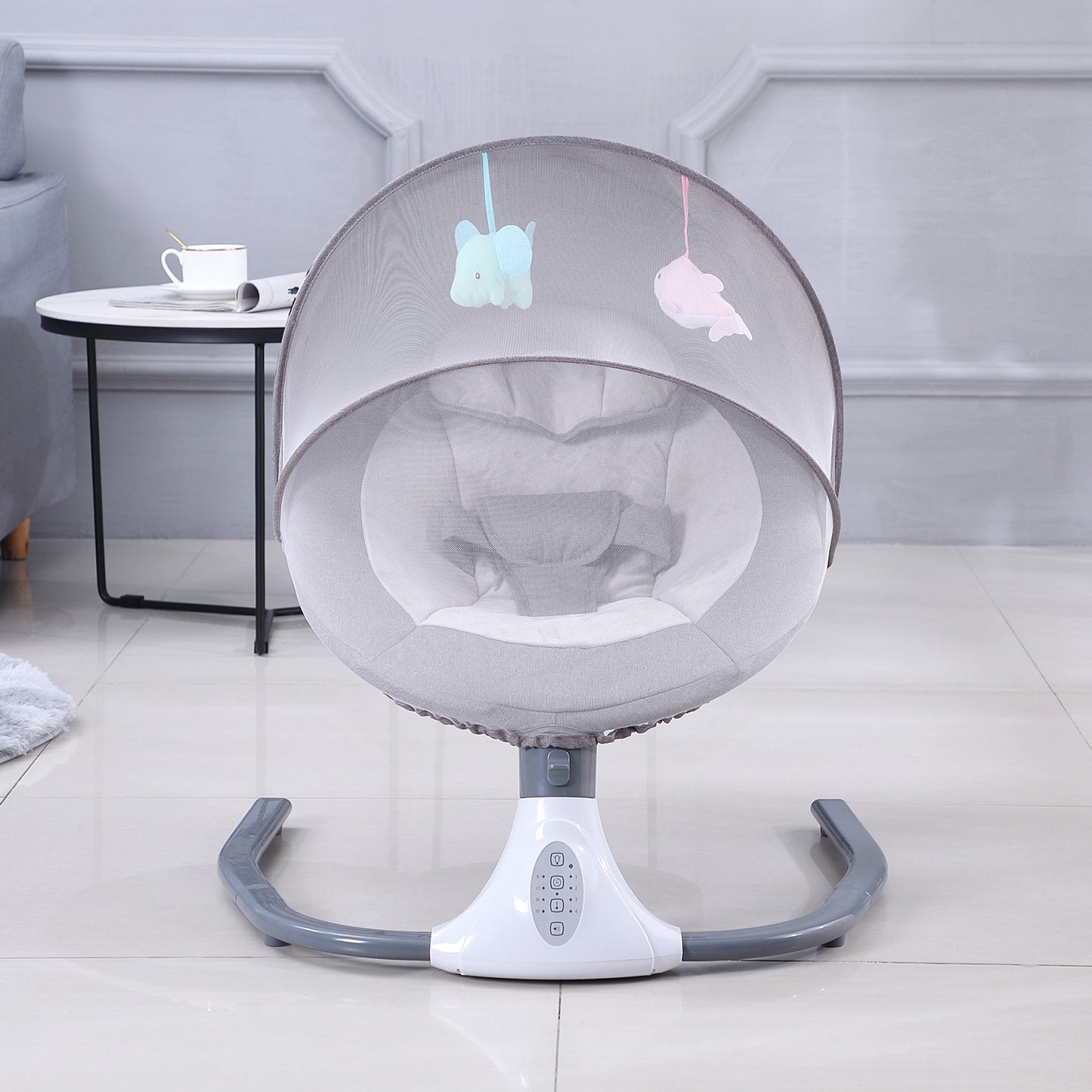 Leagan Electric Multifunctional Pentru Bebelusi, VisionHub®, Conexiune Bluetooth, Telecomanda, Reglabil cu 4 viteze, Jucarii si Melodii, Balansoar Copii cu Acoperis Rabatabil si Plasa Protectie Tantari, Gri