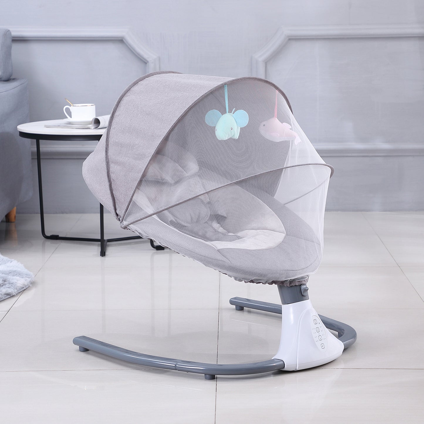 Leagan Electric Multifunctional Pentru Bebelusi, VisionHub®, Conexiune Bluetooth, Telecomanda, Reglabil cu 4 viteze, Jucarii si Melodii, Balansoar Copii cu Acoperis Rabatabil si Plasa Protectie Tantari, Gri