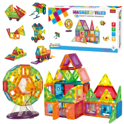 Set de Constructie, Magnetic Tiles 3D, 130 Piese colorate, Jucarie Creativa si Educationala STEM VisionHub®, multiple forme de constructie, Dezvoltarea Abilitatilor Motrice si a Imaginatiei, Multicolor