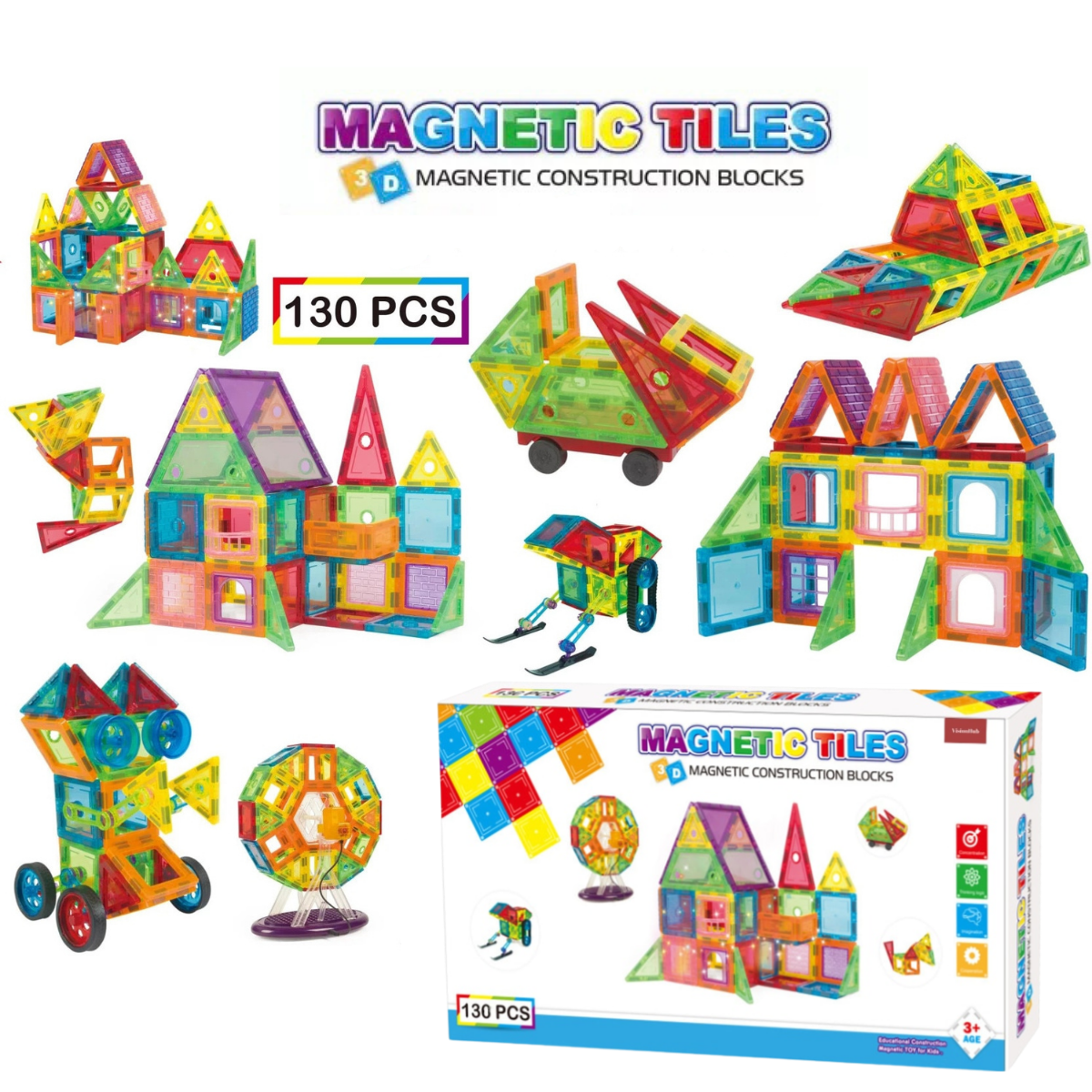 Set de Constructie, Magnetic Tiles 3D, 130 Piese colorate, Jucarie Creativa si Educationala STEM VisionHub®, multiple forme de constructie, Dezvoltarea Abilitatilor Motrice si a Imaginatiei, Multicolor