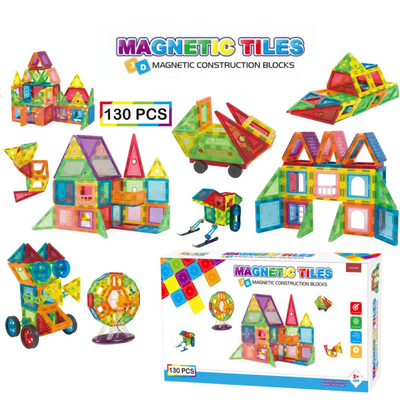 Set de Constructie, Magnetic Tiles 3D, 130 Piese colorate, Jucarie Creativa si Educationala STEM VisionHub®, multiple forme de constructie, Dezvoltarea Abilitatilor Motrice si a Imaginatiei, Multicolor