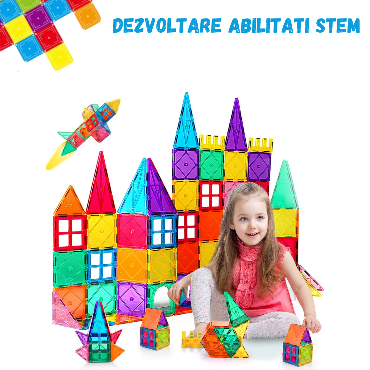 Set de Constructie, Magnetic Tiles 3D, 130 Piese colorate, Jucarie Creativa si Educationala STEM VisionHub®, multiple forme de constructie, Dezvoltarea Abilitatilor Motrice si a Imaginatiei, Multicolor