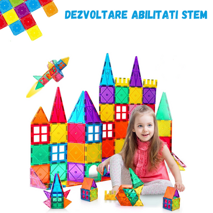 Set de Constructie, Magnetic Tiles 3D, 130 Piese colorate, Jucarie Creativa si Educationala STEM VisionHub®, multiple forme de constructie, Dezvoltarea Abilitatilor Motrice si a Imaginatiei, Multicolor
