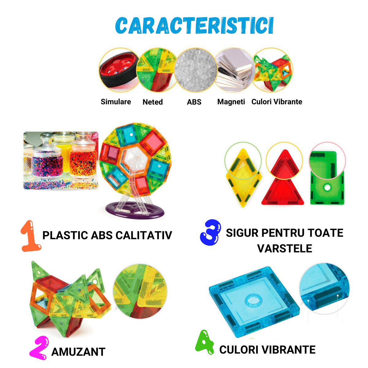 Set de Constructie, Magnetic Tiles 3D, 130 Piese colorate, Jucarie Creativa si Educationala STEM VisionHub®, multiple forme de constructie, Dezvoltarea Abilitatilor Motrice si a Imaginatiei, Multicolor