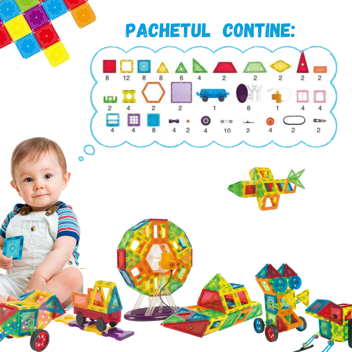 Set de Constructie, Magnetic Tiles 3D, 130 Piese colorate, Jucarie Creativa si Educationala STEM VisionHub®, multiple forme de constructie, Dezvoltarea Abilitatilor Motrice si a Imaginatiei, Multicolor