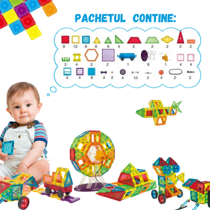 Set de Constructie, Magnetic Tiles 3D, 130 Piese colorate, Jucarie Creativa si Educationala STEM VisionHub®, multiple forme de constructie, Dezvoltarea Abilitatilor Motrice si a Imaginatiei, Multicolor
