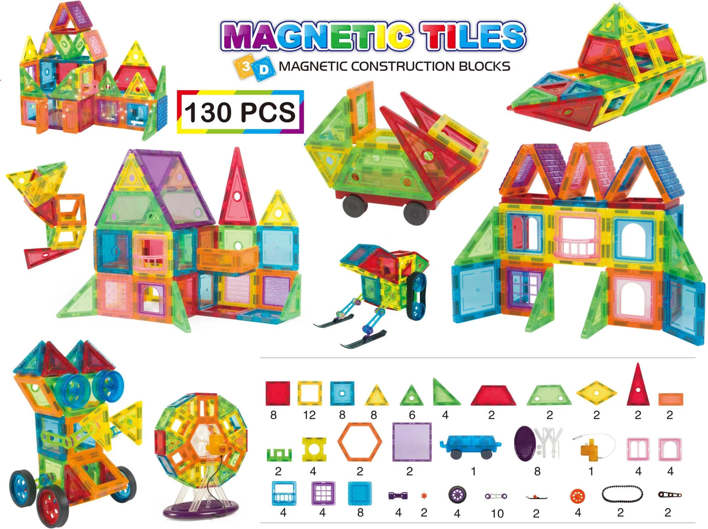 Set de Constructie, Magnetic Tiles 3D, 130 Piese colorate, Jucarie Creativa si Educationala STEM VisionHub®, multiple forme de constructie, Dezvoltarea Abilitatilor Motrice si a Imaginatiei, Multicolor