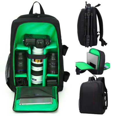 Rucsac camera Foto, VisionHub®, Pentru Camere Profesionale DSLR - Mirrorless, Camera Sport, Drona, Suport Trepied, obiective si accesorii, Laptop, Husa impermeabila, 30cm x 45cm, Negru Verde