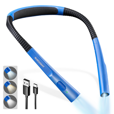 Lampa LED pentru Citit cu Pozitionare pe Gat, Flexibila si usoara, Glocusent®, Multifuntionala pentru lectura, tricotat si reparatii, Oprire automata, 3 Temperaturi de culoare cu 3 Niveluri de Luminozitate, Albastru