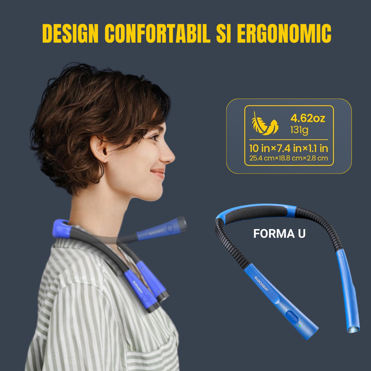 Lampa LED pentru Citit cu Pozitionare pe Gat, Flexibila si usoara, Glocusent®, Multifuntionala pentru lectura, tricotat si reparatii, Oprire automata, 3 Temperaturi de culoare cu 3 Niveluri de Luminozitate, Albastru