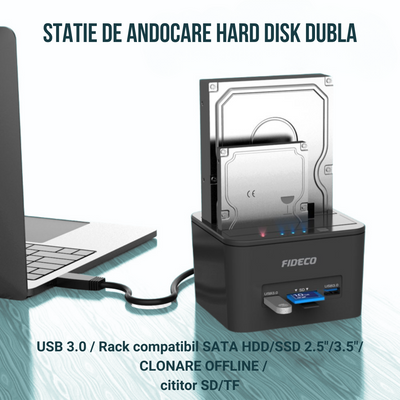 Statie de andocare Hard disk dubla, FIDECO, USB 3.1, Rack compatibil SATA HDD/SSD 2.5"/3.5", Docking Station 4 In 1 cu functia clonare offline, cititor de carduri SD/TF, Porturi Usb, Neagra