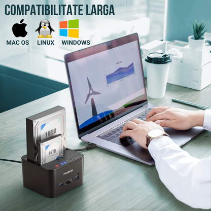 Statie de andocare Hard disk dubla, FIDECO, USB 3.1, Rack compatibil SATA HDD/SSD 2.5"/3.5", Docking Station 4 In 1 cu functia clonare offline, cititor de carduri SD/TF, Porturi Usb, Neagra