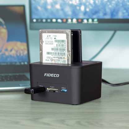 Statie de andocare Hard disk dubla, FIDECO, USB 3.1, Rack compatibil SATA HDD/SSD 2.5"/3.5", Docking Station 4 In 1 cu functia clonare offline, cititor de carduri SD/TF, Porturi Usb, Neagra