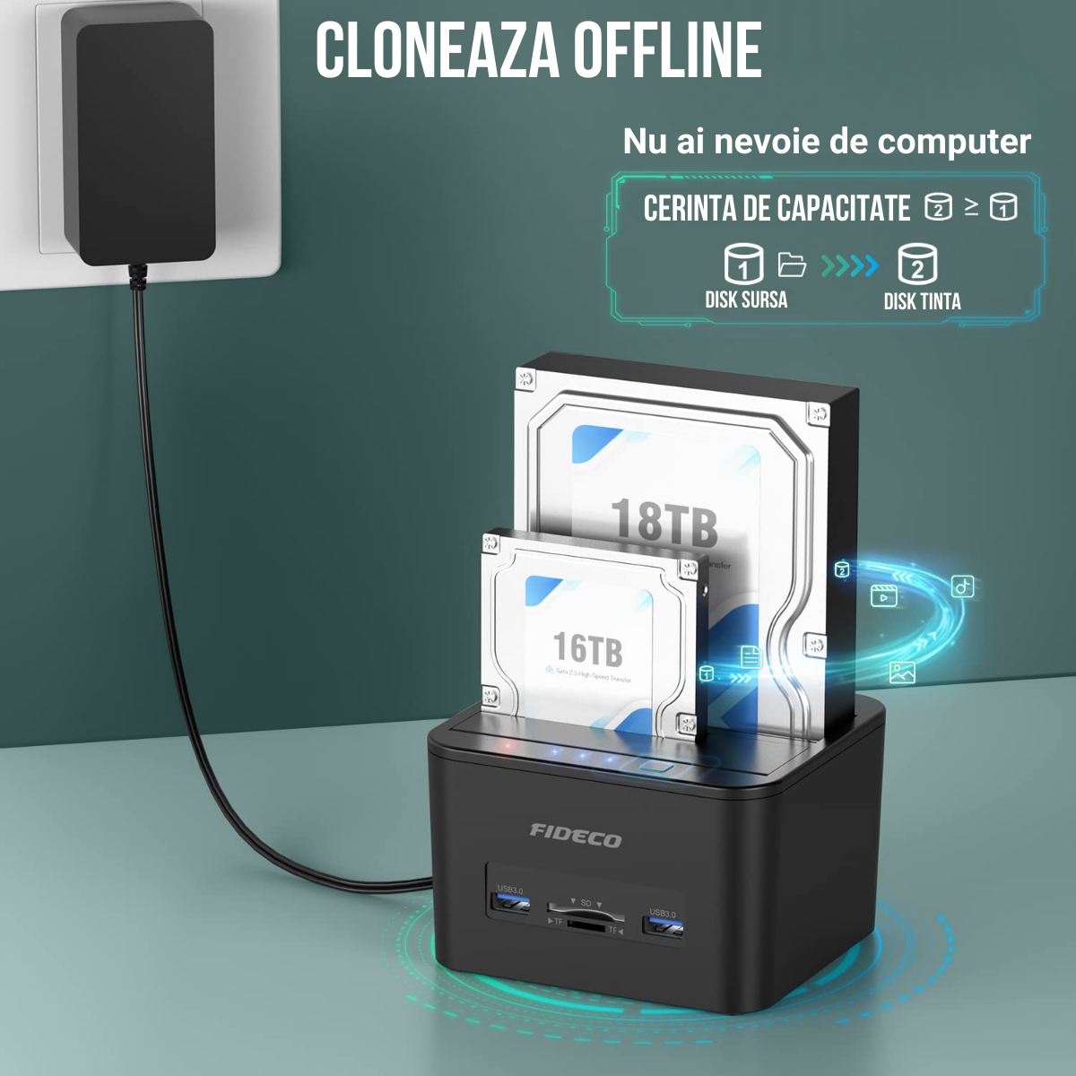 Statie de andocare Hard disk dubla, FIDECO, USB 3.1, Rack compatibil SATA HDD/SSD 2.5"/3.5", Docking Station 4 In 1 cu functia clonare offline, cititor de carduri SD/TF, Porturi Usb, Neagra