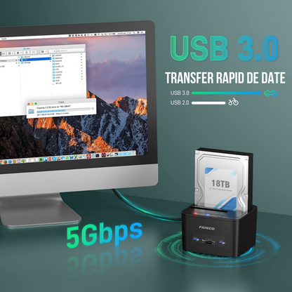 Statie de andocare Hard disk dubla, FIDECO, USB 3.1, Rack compatibil SATA HDD/SSD 2.5"/3.5", Docking Station 4 In 1 cu functia clonare offline, cititor de carduri SD/TF, Porturi Usb, Neagra