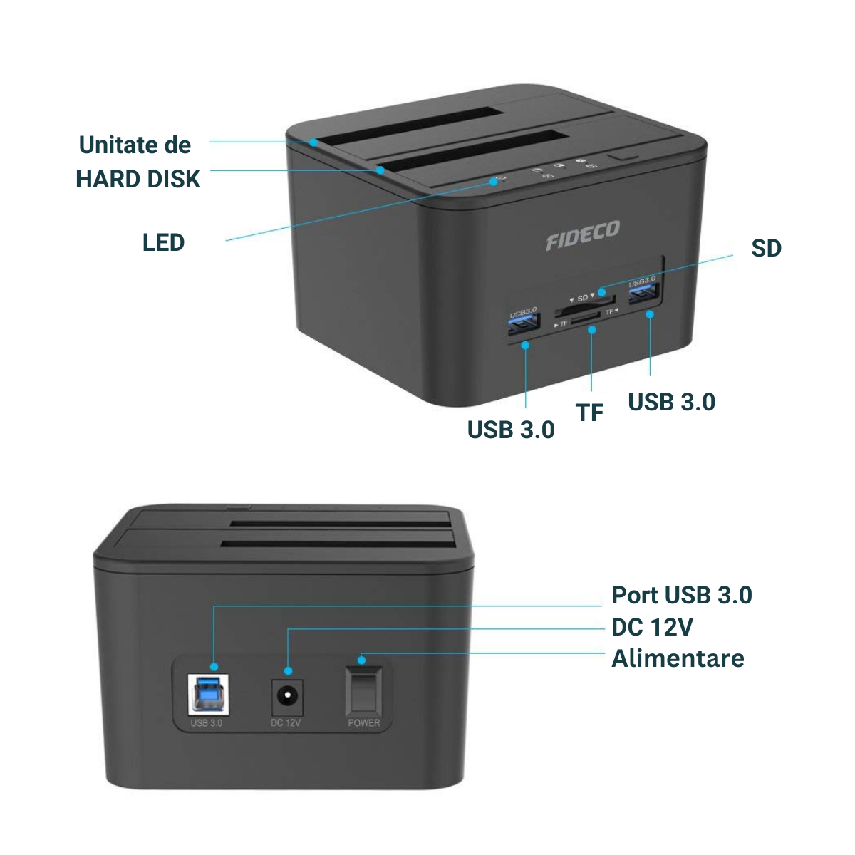 Statie de andocare Hard disk dubla, FIDECO, USB 3.1, Rack compatibil SATA HDD/SSD 2.5"/3.5", Docking Station 4 In 1 cu functia clonare offline, cititor de carduri SD/TF, Porturi Usb, Neagra