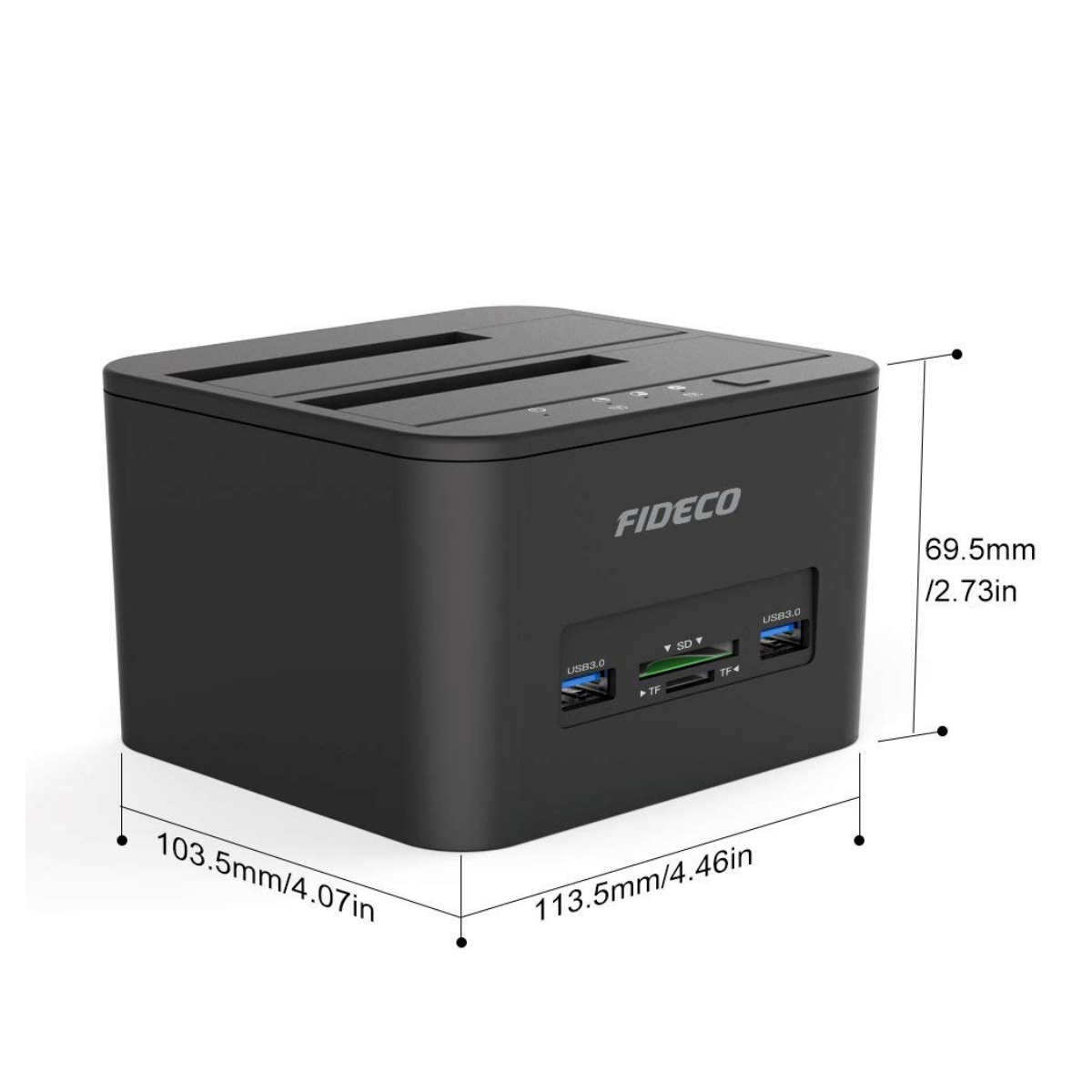 Statie de andocare Hard disk dubla, FIDECO, USB 3.1, Rack compatibil SATA HDD/SSD 2.5"/3.5", Docking Station 4 In 1 cu functia clonare offline, cititor de carduri SD/TF, Porturi Usb, Neagra