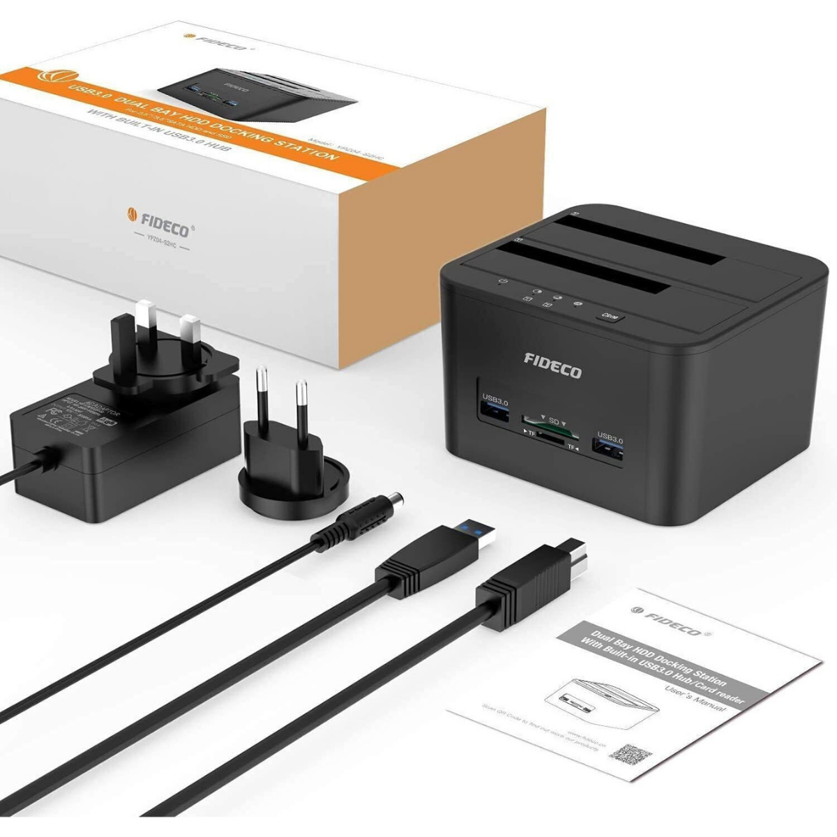 Statie de andocare Hard disk dubla, FIDECO, USB 3.1, Rack compatibil SATA HDD/SSD 2.5"/3.5", Docking Station 4 In 1 cu functia clonare offline, cititor de carduri SD/TF, Porturi Usb, Neagra