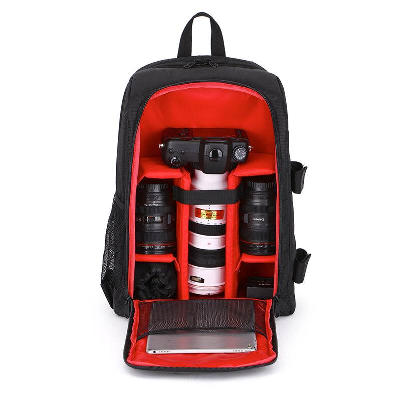 Rucsac camera Foto, VisionHub®, Geanta pentru Camere Profesionale DSLR - Mirrorless, Camera Sport, Drona, Suport Trepied, obiective si accesorii, Laptop, Husa impermeabila, 30cm x 45cm, Negru Rosu