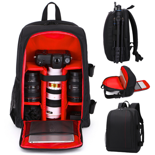 Rucsac camera Foto, VisionHub®, Geanta pentru Camere Profesionale DSLR - Mirrorless, Camera Sport, Drona, Suport Trepied, obiective si accesorii, Laptop, Husa impermeabila, 30cm x 45cm, Negru Rosu