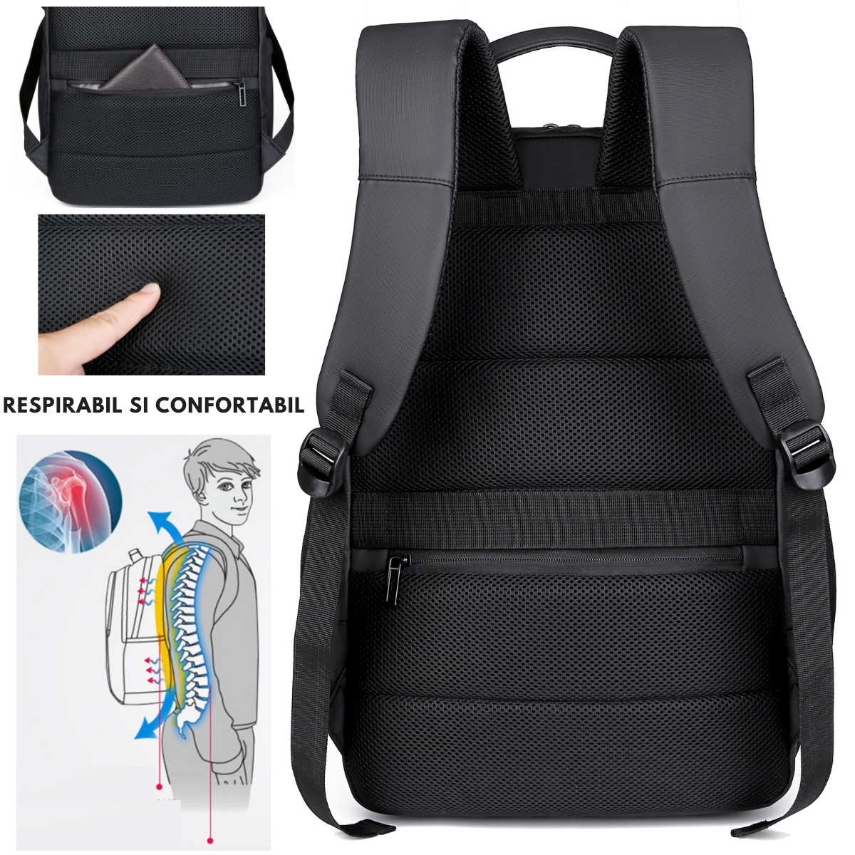 Rucsac multifunctional, Rezistent la apa, cu Port de incarcare USB, smart casual pentru Business/ Calatorii si Laptop 15,6 inchi, VisionHub, 30cm X 45cm, Negru