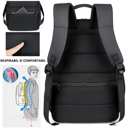 Rucsac multifunctional, Rezistent la apa, cu Port de incarcare USB, smart casual pentru Business/ Calatorii si Laptop 15,6 inchi, VisionHub, 30cm X 45cm, Negru