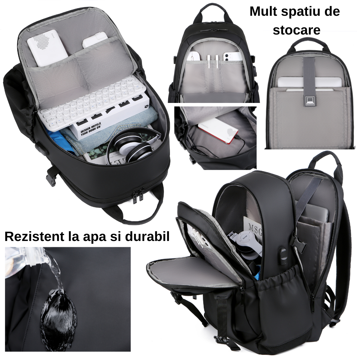Rucsac multifunctional, Rezistent la apa, cu Port de incarcare USB, smart casual pentru Business/ Calatorii si Laptop 15,6 inchi, VisionHub, 30cm X 45cm, Negru