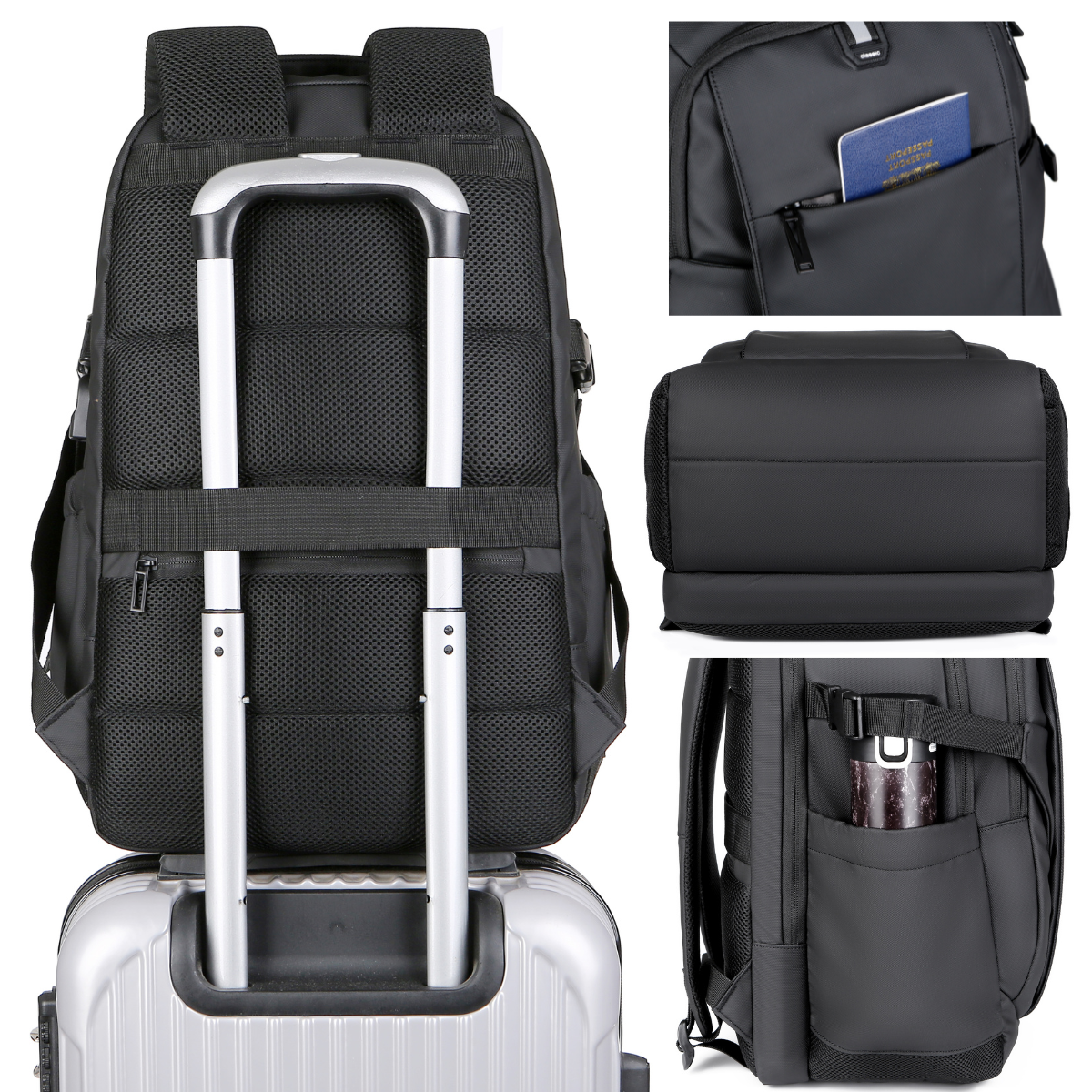 Rucsac multifunctional, Rezistent la apa, cu Port de incarcare USB, smart casual pentru Business/ Calatorii si Laptop 15,6 inchi, VisionHub, 30cm X 45cm, Negru