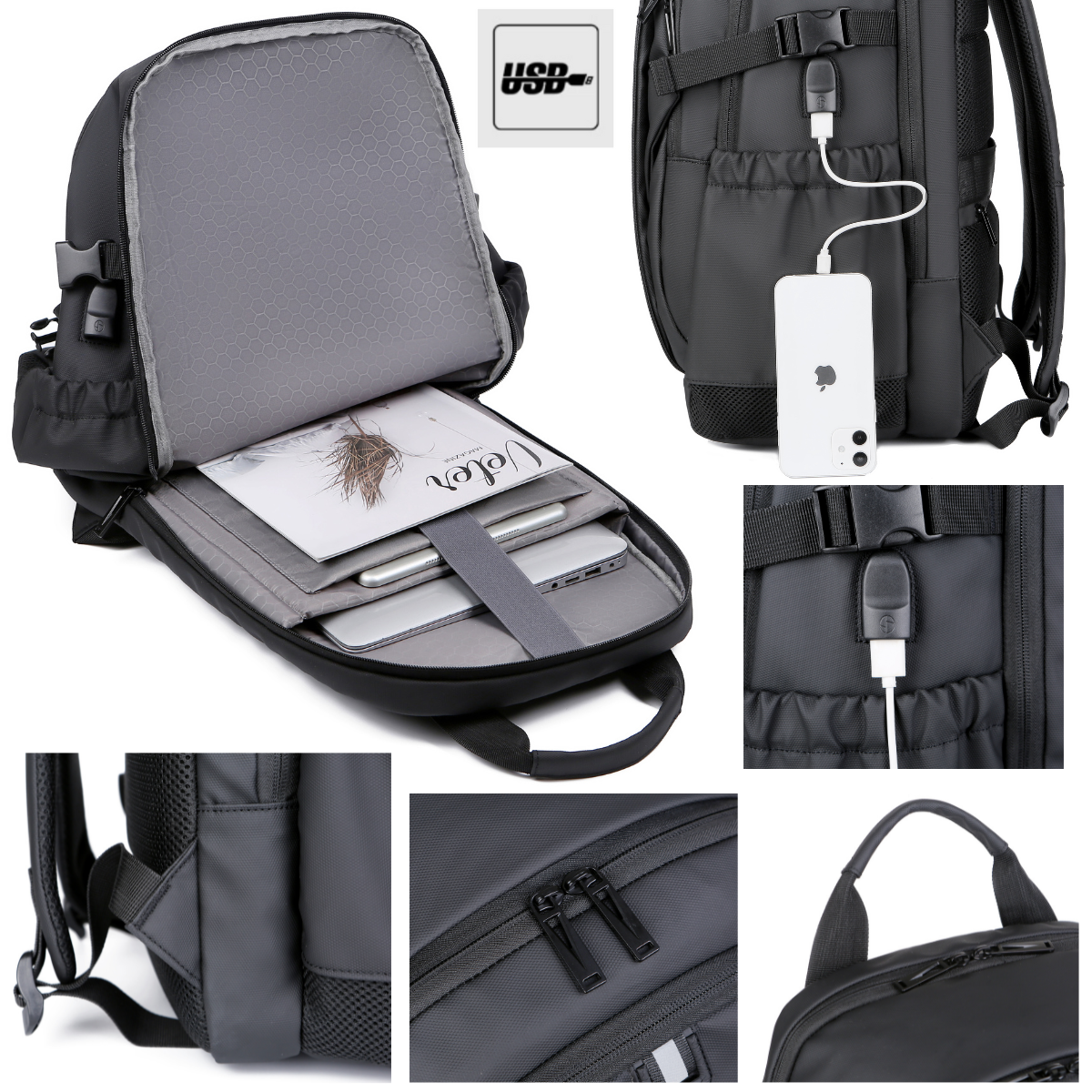 Rucsac multifunctional, Rezistent la apa, cu Port de incarcare USB, smart casual pentru Business/ Calatorii si Laptop 15,6 inchi, VisionHub, 30cm X 45cm, Negru
