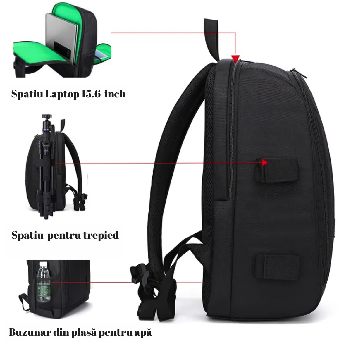 Rucsac camera Foto, VisionHub®, Pentru Camere Profesionale DSLR - Mirrorless, Camera Sport, Drona, Suport Trepied, obiective si accesorii, Laptop, Husa impermeabila, 30cm x 45cm, Negru Verde